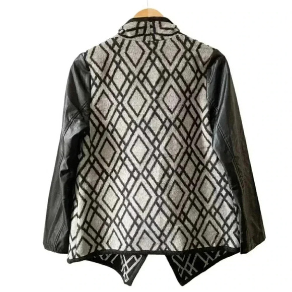 Pink  Martini Jacket Faux Leather Wool Open Front Draped Moto Black Grey Small - Picture 2 of 16